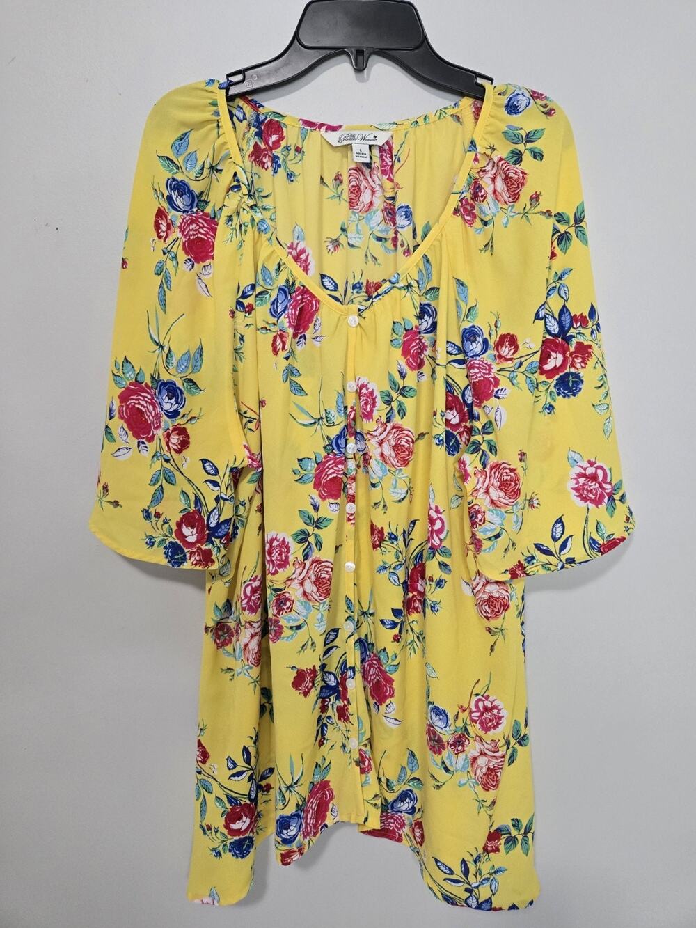 The Pioneer Woman Women's Large yellow floral butterfly sleeve thin blouse